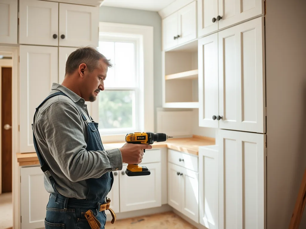 A carpenter with a drill installing white shaker kitchen cabinets.