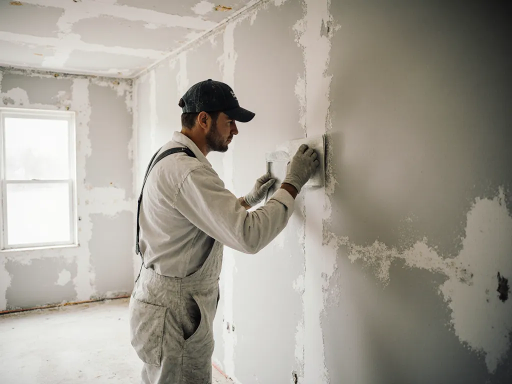 A drywall finisher taping and mudding seams in an unfinished room.