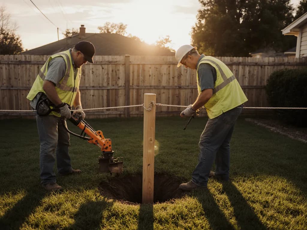 Two fence installers setting a cedar post in a backyard at sunset.