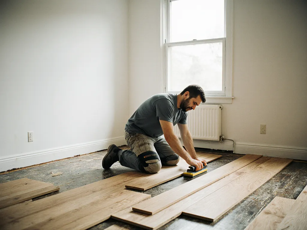 A flooring installer fitting oak planks in an empty living room.