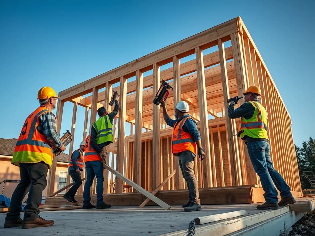 A framing crew in hard hats raising a timber wall on a new house slab.