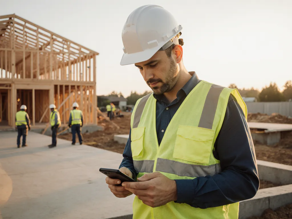 A contractor in a hi-vis vest checks the day's schedule on his phone at a house framing site.