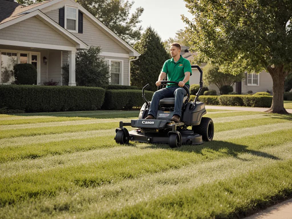 A lawn care crew mowing a striped suburban lawn with a zero-turn mower.