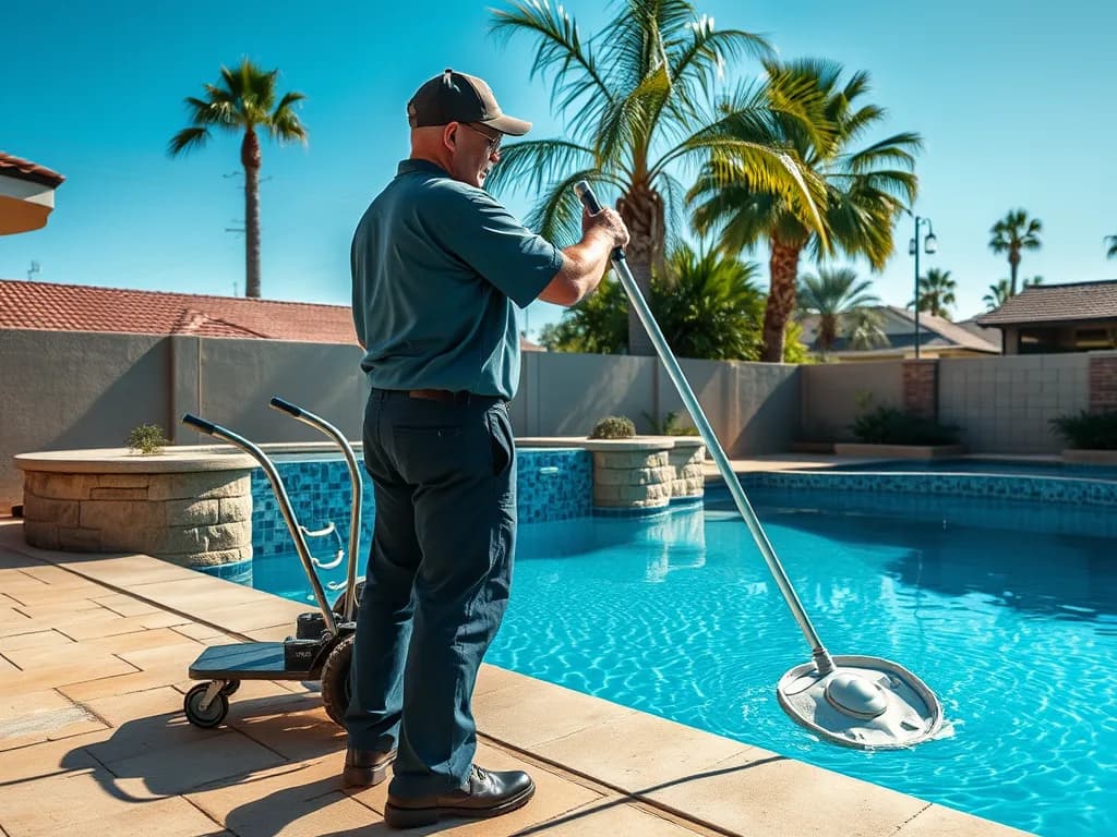 A pool technician on the deck running a vacuum through a backyard pool.