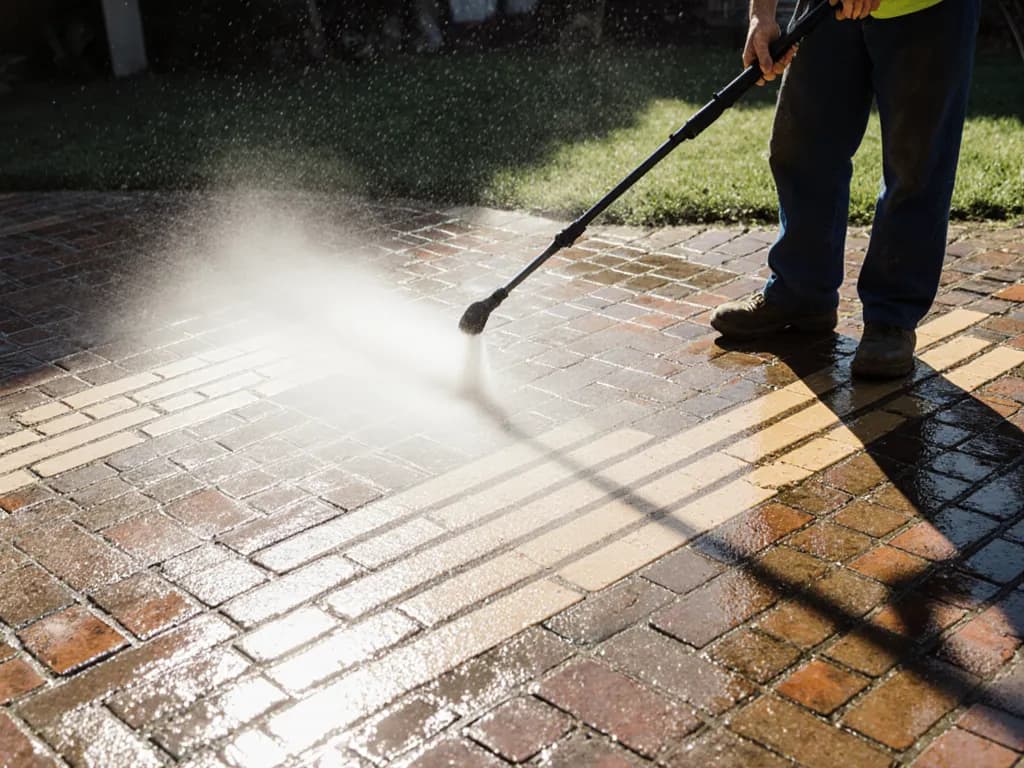 A worker pressure washing a brick patio clean in stripes.