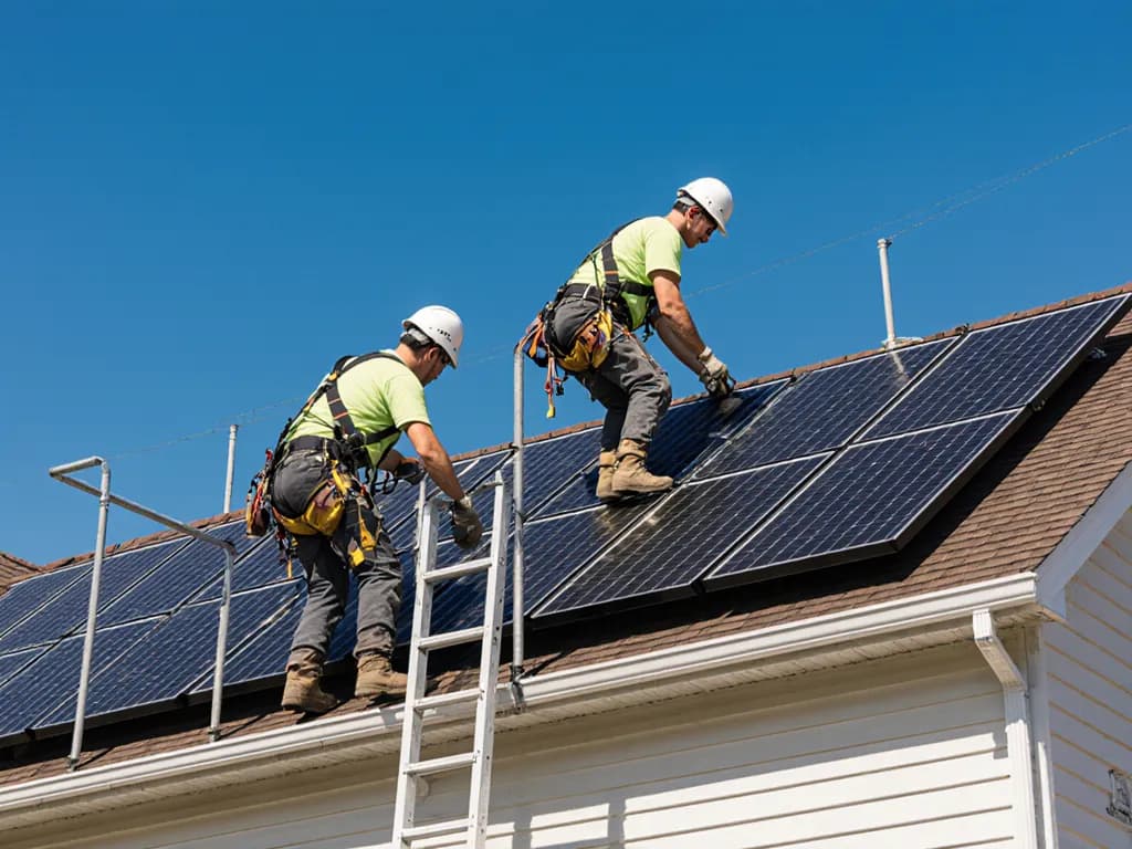 Two installers in harnesses mounting solar panels on a house roof.