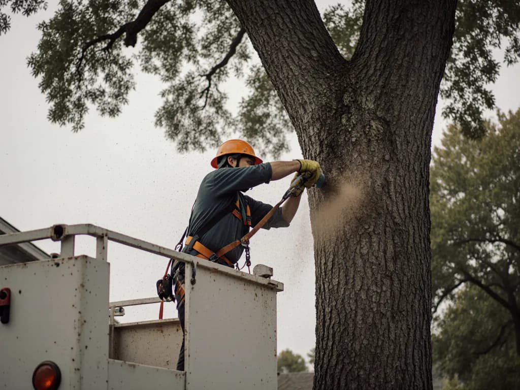 An arborist trimming an oak from a bucket truck.