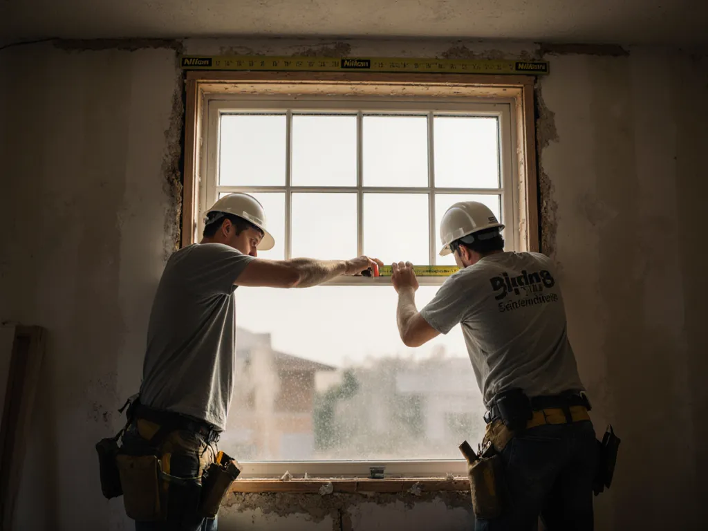 Two installers levelling a new window in a house under renovation.