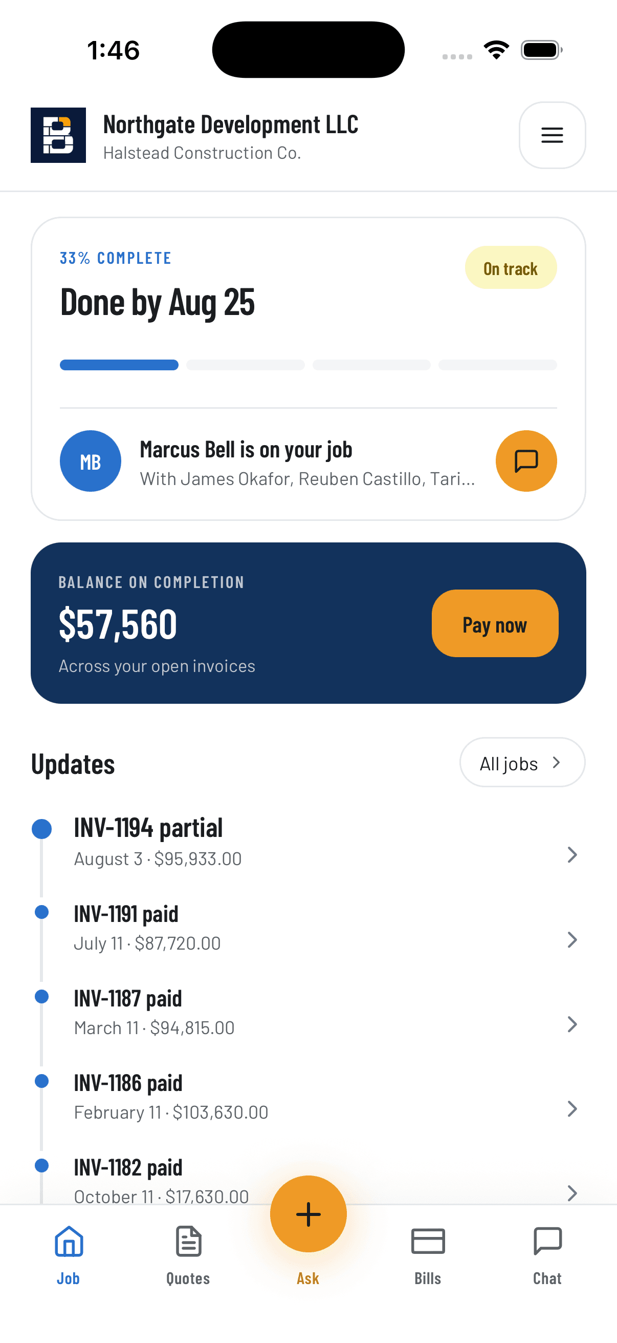 The client app: the job 33% complete and on track, the crew on site, and a $57,560 balance with a Pay now action.