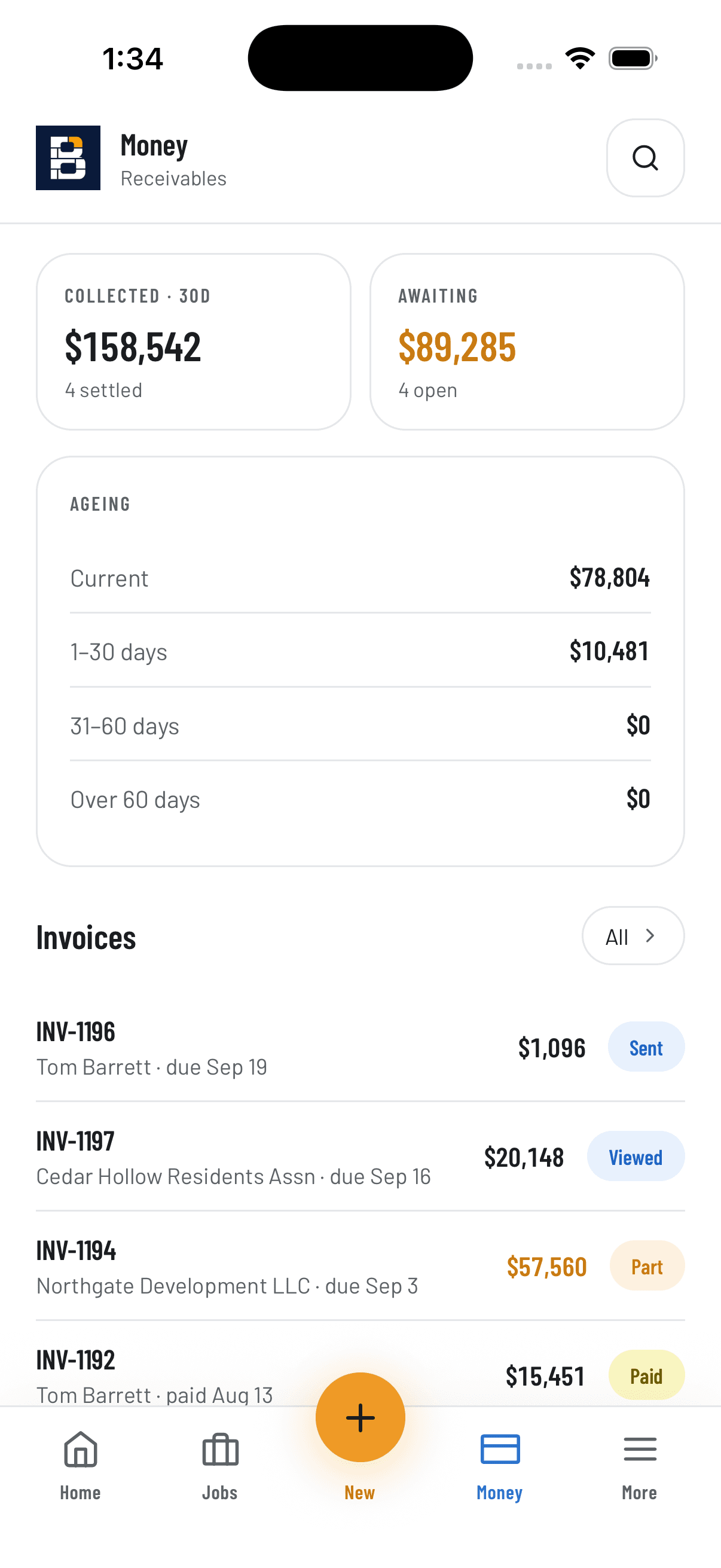 The money view: collected in the last thirty days, what is awaiting payment, and invoice ageing.