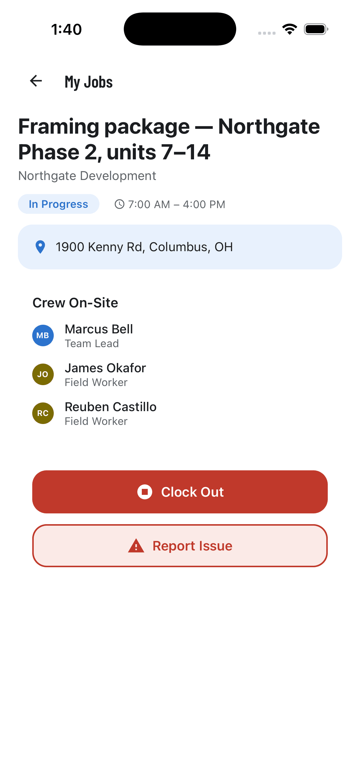 A job in the crew app showing the address, the crew on site and the clock-in action.