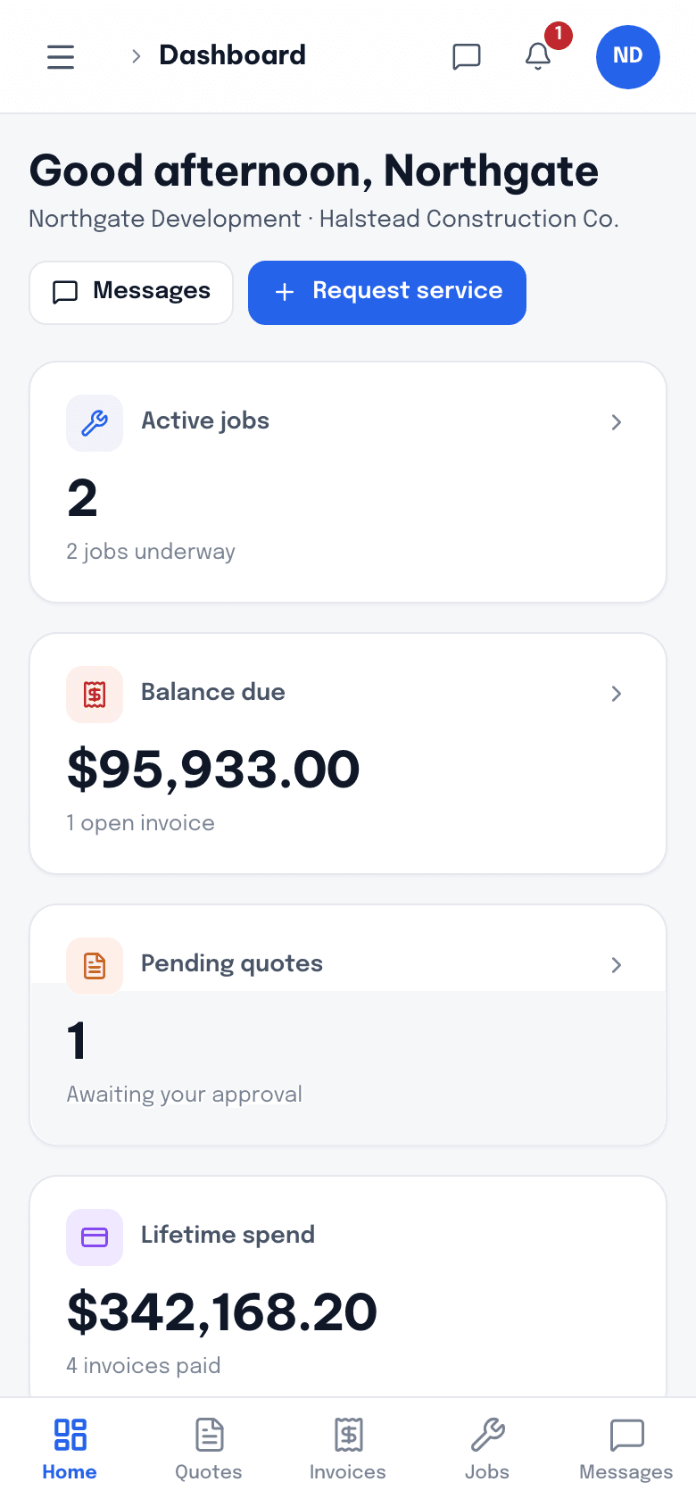 The Bricklark client portal on a phone showing the customer their job and invoice.