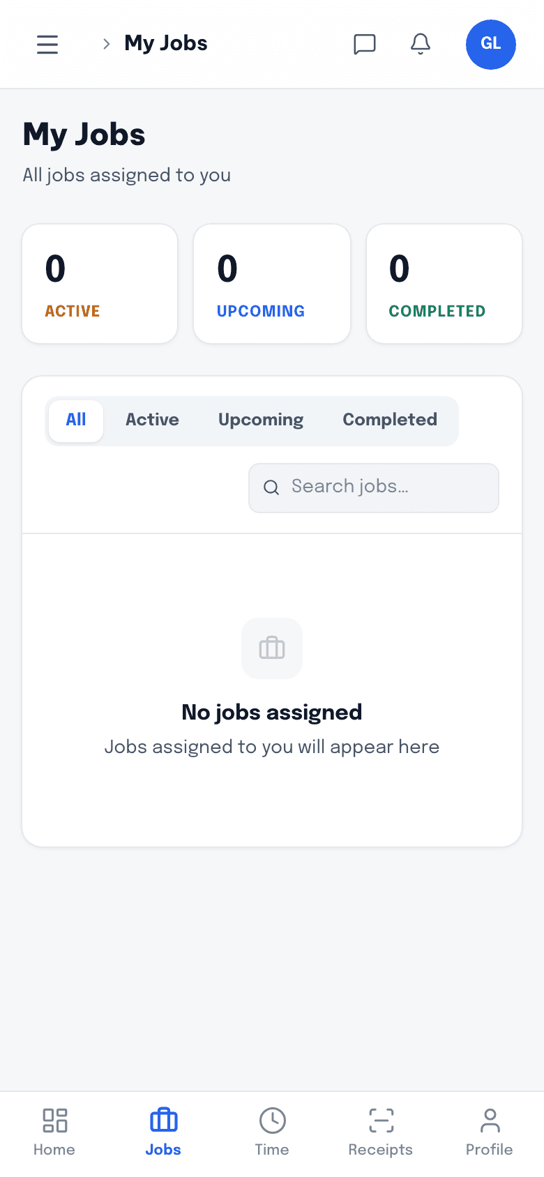 The Bricklark crew app job list showing each assigned job with its address and status.