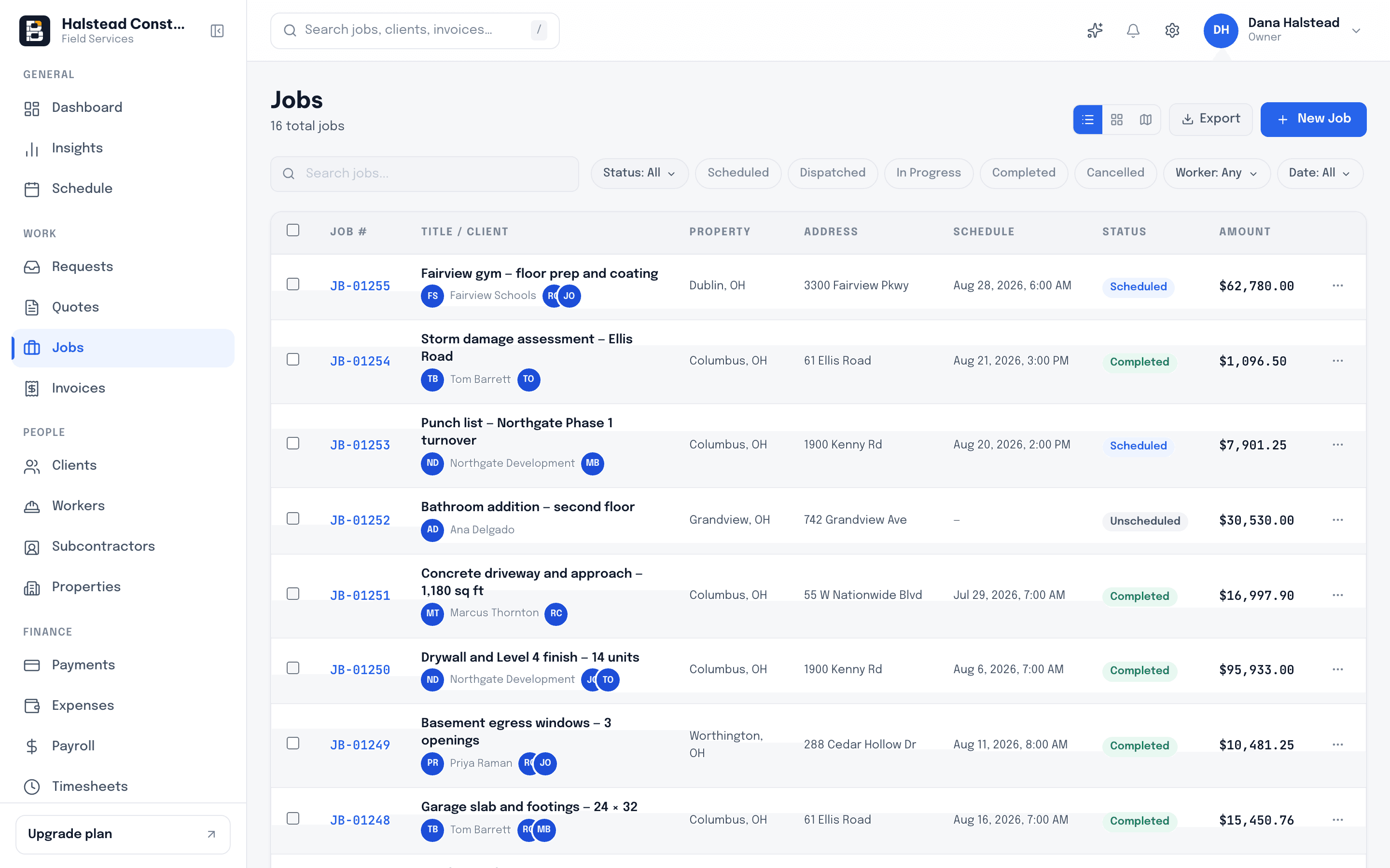 The jobs list showing framing, roofing, concrete and remodel jobs across every status.